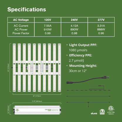 FloraFlex Full-Spectrum 900W LED|Specification chart 